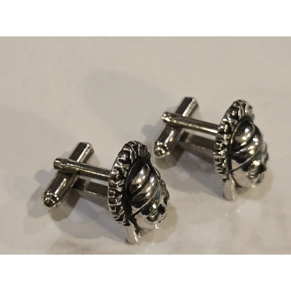 Vintage Silver Tone Warrior Face Cufflinks Tribal Mask Head Mens Cuff Links 1215